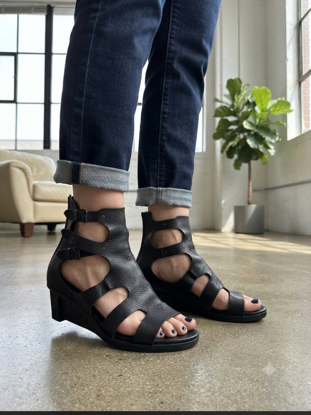 Women's Black Cutout Leather Wedge Sandals